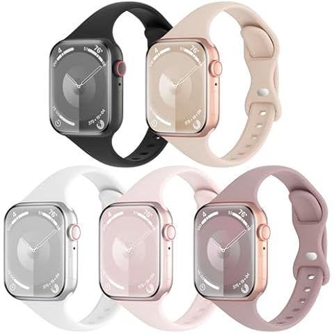 5 Pack Silicone Slim Bands Compatible with Apple Watch Band 38mm 42mm 40mm 44mm 41mm 45mm 46mm 49mm, Soft Narrow Sport Strap Thin Wristband for iWatch Series 10/9/8/7/SE/6/5/4/3/2/1/Ultra Women Men Cover