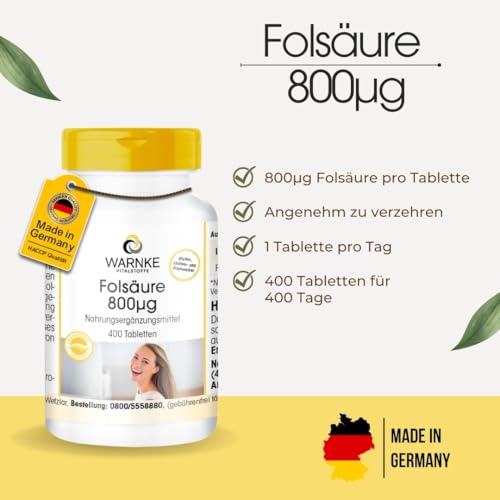 Folsäure 800μg - 400 Tabletten - 800μg pro Tablette - Kinderwunsch und Schwangerschaft - Deutsche Apothekenqualität - hochdosiert - vegan | Warnke Vitalstoffe