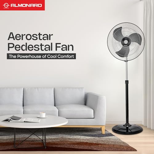 Image of Almonard AEROSTAR Pedestal Fan, High-Performance Motor with Overheat Protection, Aerodynamic Blades, 100% Copper Winding, Adjustable Height, 3-Speed Control & 2-Year Warranty