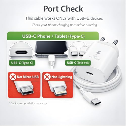 Image of Samsung 25W PD 3.0 Type C Fast Charging Adapter (PPS) for Galaxy M17|M07|M36|M06|M35|A56|A55, A37|A35|A06|F06|F16|F36|S25 FE|S25 Plus|S24|S23|S22|Tab S10 Ultra|Tab S10+ | 25W Quick Charger, White