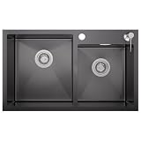 CECIPA Lavello Cucina 2 Vasche in Acciaio Inox Nero - 75x45 cm, Lavabo Cucina Include Dispenser Sapone, Sifone e Gruppo di Scarico