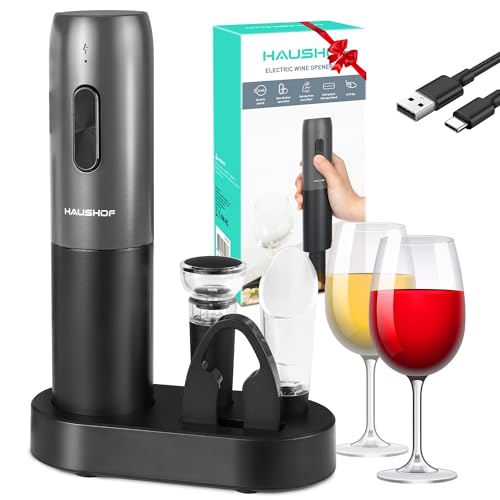 HAUSHOF Sacacorchos Eléctrico Recargable 6 en 1, Abridor de Vino Automático con Cortador de Láminas, Tapón al Vacío, Vertedor, Cable USB C y Base, Set Completo de Saca Rolhas para Regalo