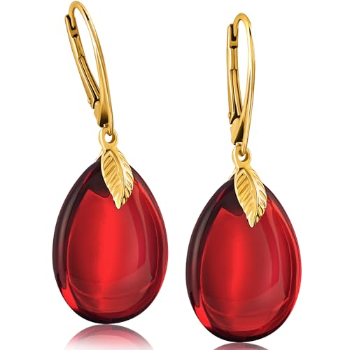 Red Earrings for Women - Gold Plated Silver Leaf Fitting and Closure, Lightweight Edgy Semi-Precious Stone Jewelry for Ladies, Garnet Red Amber Leverback Earrings