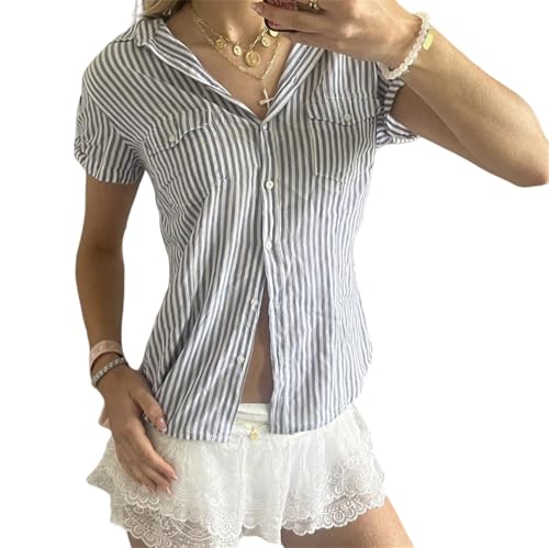 Image of Y2k Girls Vintage Coquette Button Down Shirt Women Short Sleeve V-Neck Slim Fitted T-Shirt Cute Blouse Crop Top