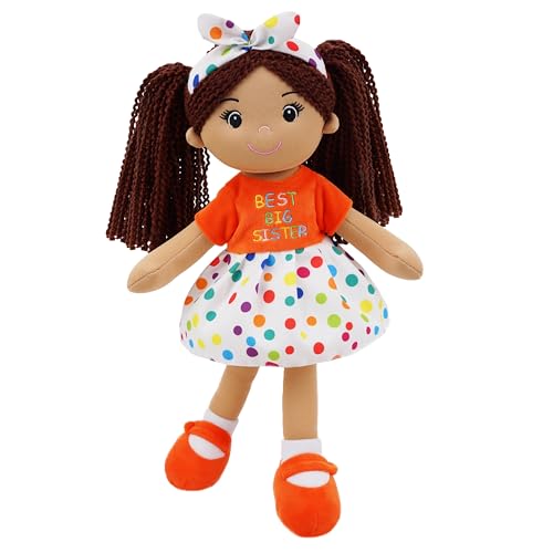 June Garden 14 Snuggle Cutie Lila Best Big Sister Soft Plush Doll Stuffed Girl Doll with Polka Dot Dress and Bow for Toddlers & Big Sister Announcements - Orange M