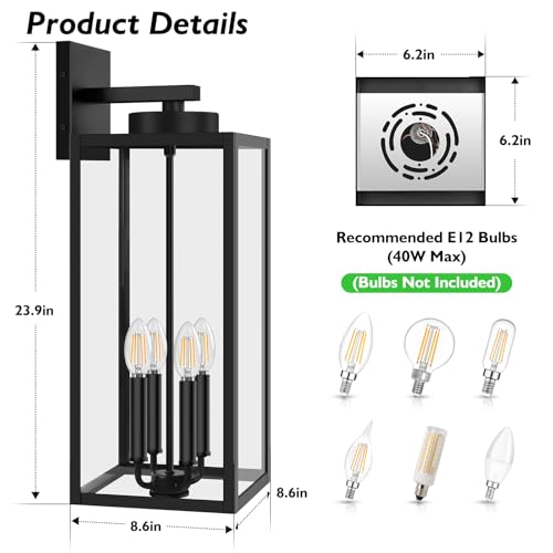 Image of BesLowe 23.9 inch Extra Large Size Outdoor Wall Light Fixture, Exterior Lighting Fixture Porch Sconce Wall Mounted, Waterproof Outdoor Wall Lantern, Outside Light for House Patio Front Door Garage, Black | Waterproof Metal Construction, Rust-resistant, Quick & Easy Installation, Clear Glass Shades & E12 Socket