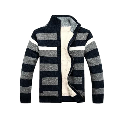 Men's Fleece Thicken Sweater Knitted Stripe Wool Cardigan Sweaterscoat Knit Cardigan