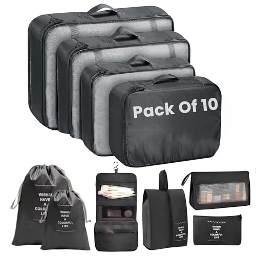 Set of 10 Pieces Packing Cubes Organiser for Travel, Travel Organizer Bags for Luggage, Suitcase Includes 2 Drawstring Bags, Shoe Bag and Toiletry Bag with Hook - Set of 10 - Black