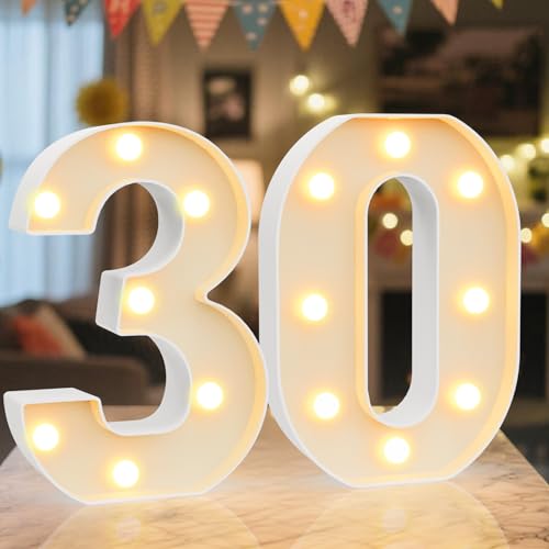 Ledido - Cartello luminoso a LED con numeri per tendone - Numeri luminosi freddi e caldi per decorazioni di 30° compleanno, luci a LED per numeri per matrimonio, anniversario, laurea, camera da letto