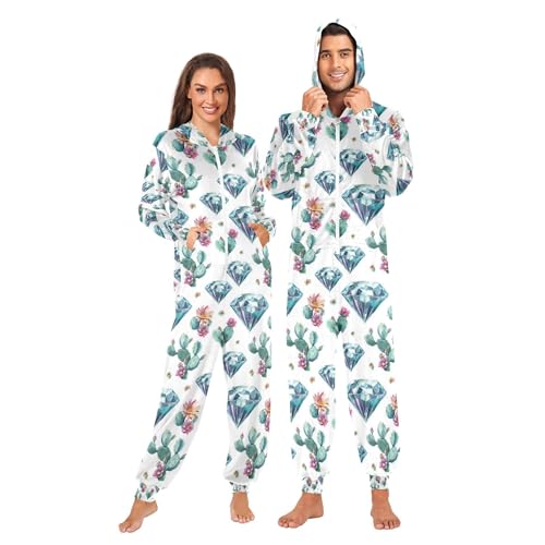 Wudan Pijama enterizo para adultos con capucha, pijama de otoño con diamantes y flores, ropa de dormir de cactus, Diamantes con flores de cactus, M