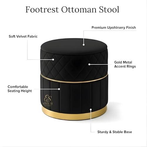 Image of Superior Velvet Puffy Ottoman Stool for Living Room | Round Footrest with Gold Metal Base & Diagonal Channel Stitching | Elegant Pouffe for Bedroom & Dressing Area (Black)