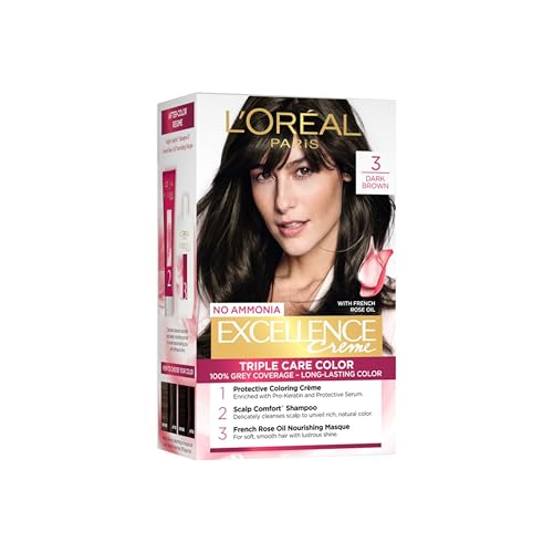 L'Oréal Paris Permanent Hair Colour, Radiant At-Home Hair Colour with up to 100% Grey Coverage, Pro-Keratin, Up to 8 Weeks of Colour, Excellence Crème, 3 Natural Darkest Brown, 72ml+100g