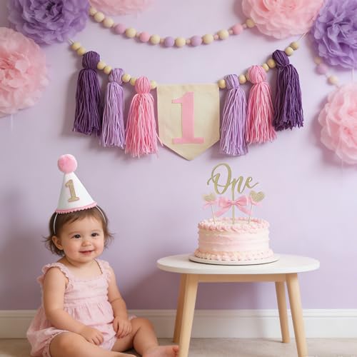 Image of Girl First Birthday Pastel Pink Purple ONE High Chair Banner with Cone Hat & Cake Toppe Baby Girl Spring 1st Birthday Decoration(Pink Purple 1st)