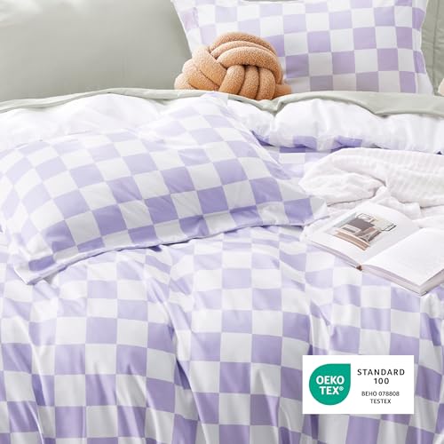 Image of Bedsure Duvet Cover Queen Size - Reversible Checkered Duvet Cover Set with Zipper Closure, 3 Pieces Purple Bedding Set with 8 Corner Ties and 2 Pillow Shams 20 inchx26 inch