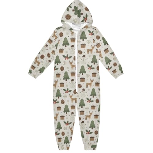 FRODOTGV Pijama de una sola pieza con capucha y cremallera para niños, diseño de ciervo y árbol, color beige, para Navidad, hogar, 4-14 años, Ciervo y árbol de Navidad beige, 4 años