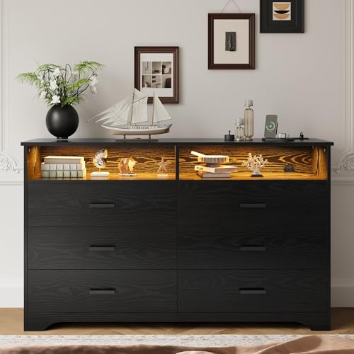 IRONCK Kommode Schwarz mit 6 Schubladen, Komodenschrank mit LED-Streifen und 2 Steckdosen, 1 USB+1 Typ-C-Anschlusse, Schubladenschrank für Schlafzimmer, Wohnzimmer, Arbeitszimmer Flur, 150cm Breite IRONCK Kommode Schwarz mit 6 Schubladen, Komodenschrank mit LED-Streifen und 2 Steckdosen, 1 USB+1 Typ-C-Anschlusse, Schubladenschrank für Schlafzimmer, Wohnzimmer, Arbeitszimmer Flur, 150cm Breite