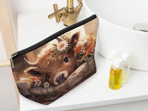 Ayxvt Highland Cow Floral Cosmetic Bags - Spring Highland Cow Gifts, Sunflower Daisy Floral Makeup Bag
