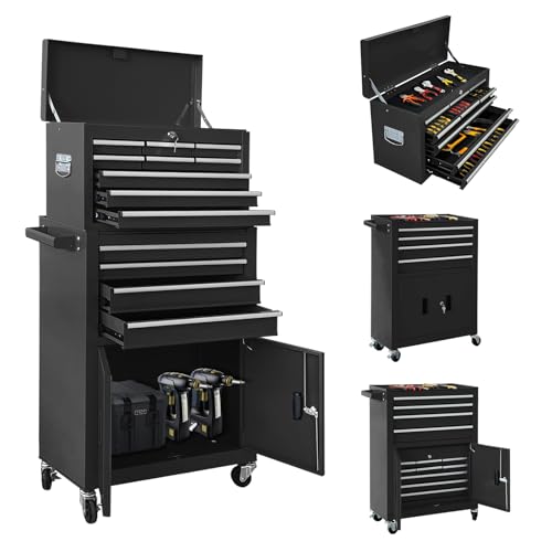 13-Drawer Double Door Rolling Tool Chest, 2 in 1 Detachable Tool Chest,Tool Box with Drawers and Wheels, Large Tool Cabinet with Lock, Metal Standing Toolbox for Garage Workshop-Black