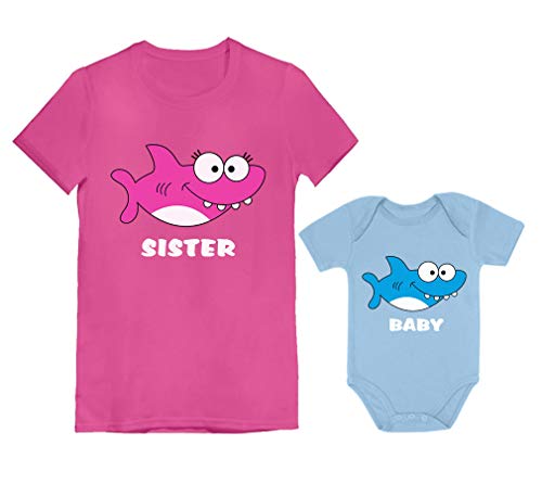 Big Sister Little Brother Sister Outfits Shark Matching Gifts for Siblings Set Sister Wow Pink L (7-8) / Baby Aqua NB (0-3M)