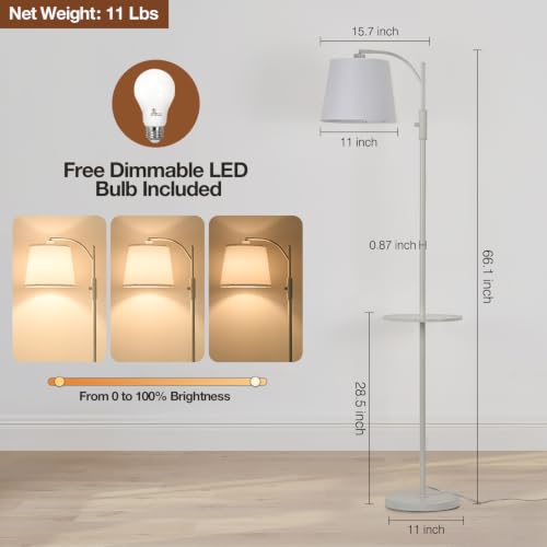 Image of AIDENOEY Fully Dimmable Floor Lamp for Living Room,Standing Lamp Rotary Switch with Table&Linen Beige Shade, White Tall Lamps for Bedroom with Adjust Head,9W LED Bulb Included