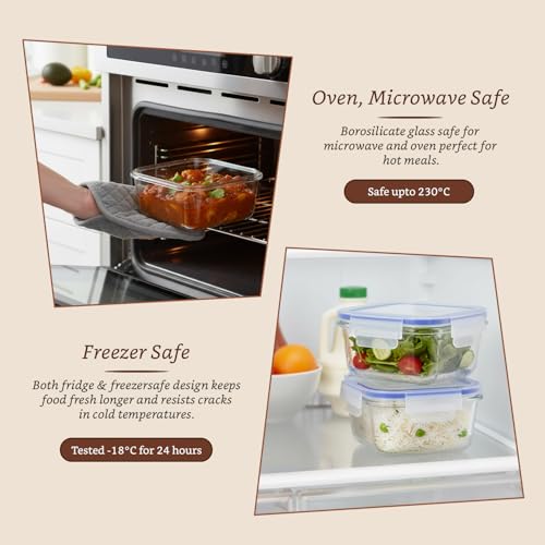 Image of Amazon Brand - Solimo Square Glass Food Storage Container, 360 ml - Set of 3, Airtight & Leakproof, Microwave & Freezer Safe, Transparent