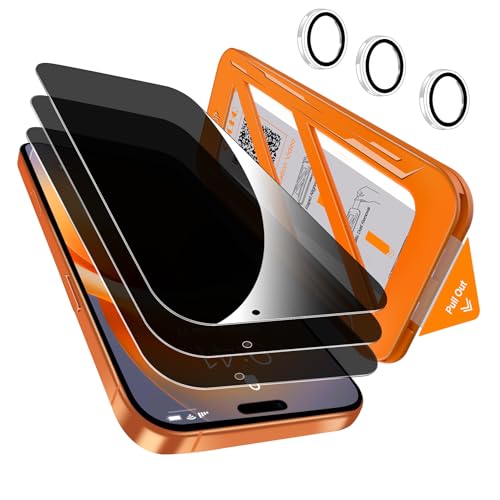 QHOHQ [1-Second Auto-Install] 3 Pack Privacy Screen Protector for iPhone 17 Pro Max [6.9 Inch] + 1 Set Camera Lens Protector, 25° Anti Spy Tempered Glass, [Military Grade Shatterproof], Case Friendly