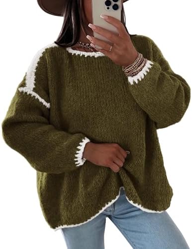 KIRUNDO Womens Sweaters 2025 Fall Oversized Long Sleeve Chunky Knit Crew Neck Contrast Stitching Pullover Winter Clothes