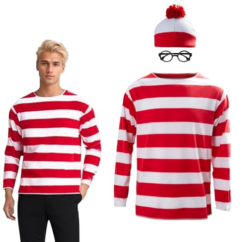 Chemise rayée rouge et blanche avec chapeau et lunettes pour déguisement adulte