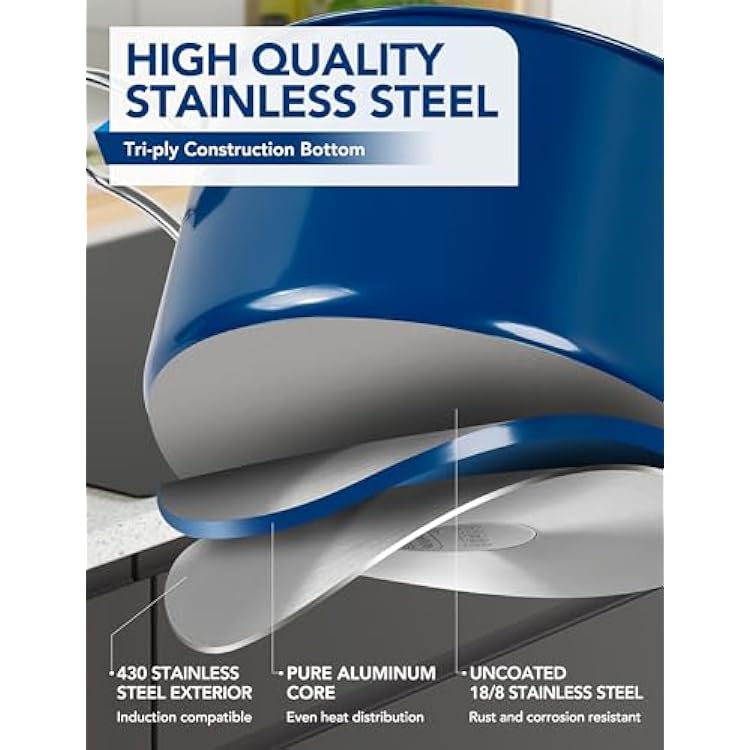 MICHELANGELO Stainless Steel Stock Pots - Induction Soup Pot with Lid, 6 Qt Non-Toxic Cooking Pot, Oven & Dishwasher Safe, Blue Exterior