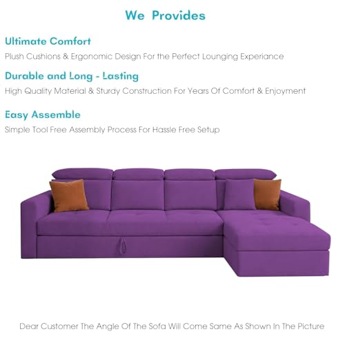 Image of Casaliving Gagnon RHS 6 Seater L Shape Corner Sofa Cum Bed for Living Room (Purple Fabric) Premium Fabric Sofa
