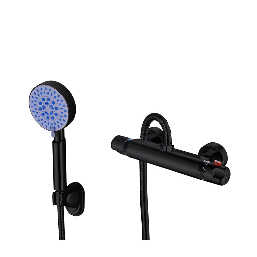 Robinetterie de douche thermostatique noire Geras avec pommeau de douche réglable