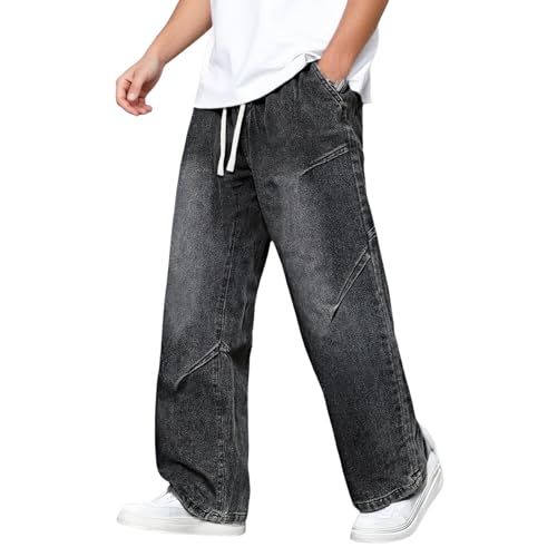 Jeans Anchos para Hombres Pantalones Casuales de Ajuste Holgado Pantalones de Mezclilla Hip Hop Jeans de Pierna Recta con Cintura Elástica y Cordón Moda Urbana para Adolescentes
