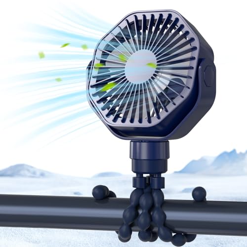 Image of Lerat Portable Stroller Fan with Flexible Tripod, 3 Speeds Rechargeable Handheld Personal Fan, 360°Rotate Battery Operated Clip for Car Seat Crib Bike Treadmill Blue