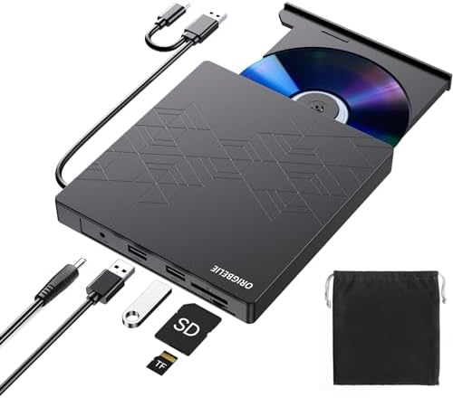 ORIGBELIE External CD DVD Drive, CD/DVD ROM +/-RW Adapter with USB Ports