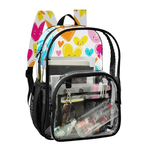 Colorful Cartoon Hearts Faces Clear Backpack Women Cute Boys Backpacks for Girls See through Approved Bag2