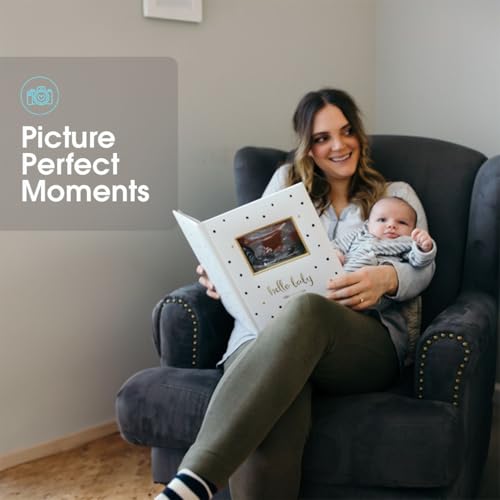 Image of Pearhead Hello Baby First 5 Years Memory Book | Gender-Neutral Baby Book, Songram Photo Cover Insert, Pregnancy to Kindergarten Milestone Journal