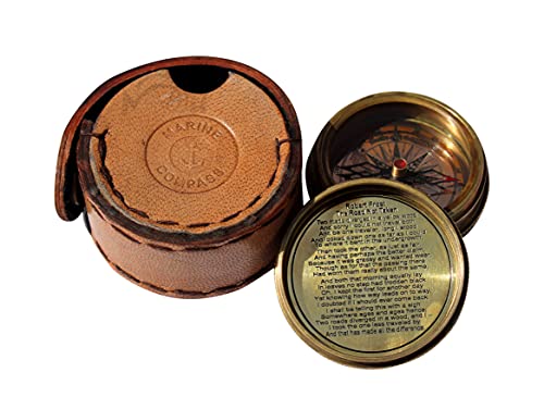 MAH Robert Frost Poem Engraved Brass Antiquated Finish Pocket Compass Gifts for Boys Graduation Gifts Inspirational Gift for Everyone Come with Leather Case
