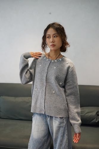 Women's Knit Hand-Stapled Pearl Diamante Flower Embellished Cardigan with Button Closure and Crystal Flower Details3