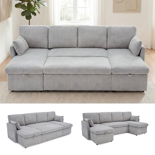 Image of Huatean Home Oversized Sleeper Sofa Couch, 100 inch 2 in 1 Pullout Couch Bed with Side Pockets for Living Room, Sectional Sleeper Sofa Bed with Double Storage Chaise, CloudGrey