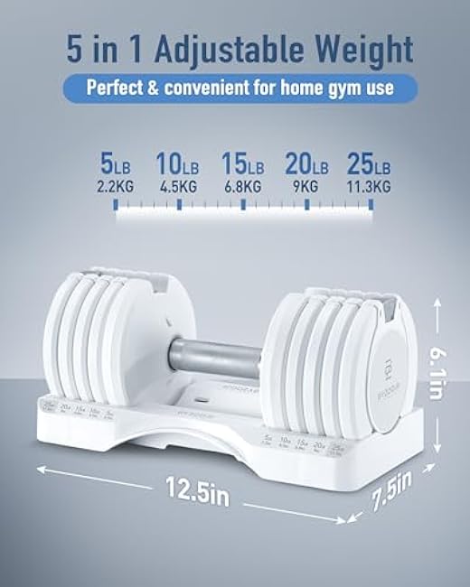 Adjustable Dumbbell ¨C 12.5/25lb Single Unit OR Set of 2 ¨C 5-in-1 Adjustable Weight for Home Gym, Strength Training & Fitness Workouts, White OR Black