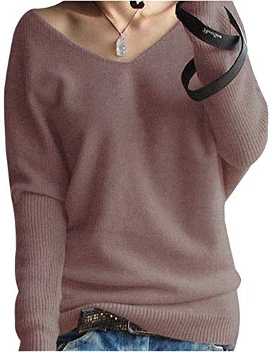 LONGMING Women's Fashion Big V-Neck Pullover Loose Sexy Batwing Sleeve Wool Cashmere Sweater Winter Tops(Dark Tan, M)