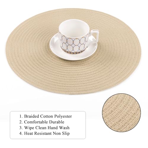 Image of SHACOS 15 inch Round Placemats Set of 8 for Dining Table Cotton Polyester Braided Place Mats Washable Kitchen Table Mats for Dinner Party Table (Light Beige, 8)