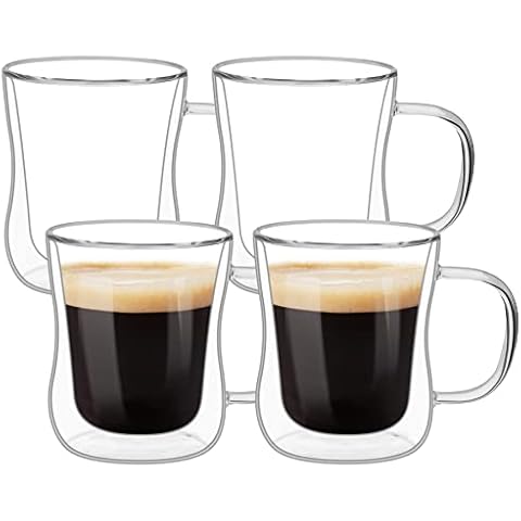 ComSaf 350ML Double Walled Glass Coffee Cups Set of 4, Heat Resistant Borosilicate Glasses Mugs with Handle, Insulated Thermo Tumbler for Tea Cappuccino Latte Hot/Cold Drinks Cover