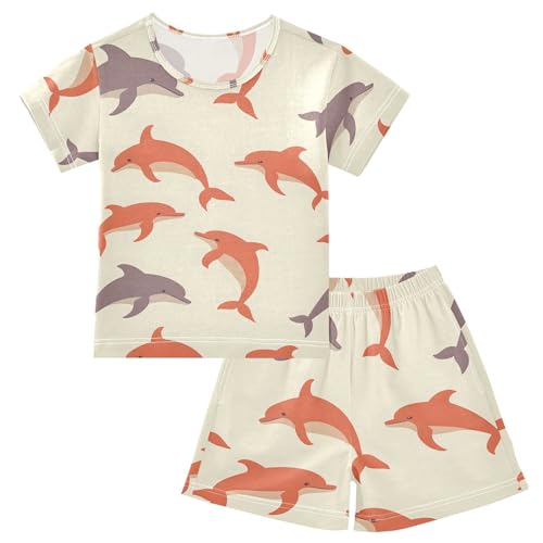ALAZA Orange Gray Dolphin Pajamas Set Short Sleeve Cotton Sleepwear Summer Pjs 2 Piece 5-14Y