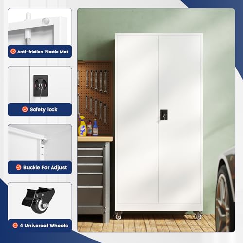 Image of Yizosh Metal Garage Storage Cabinet with Locking Doors and Adjustable Shelves,- 75 inch Rolling Steel Tool Cabinet for Home Office,Garage,Warehouse