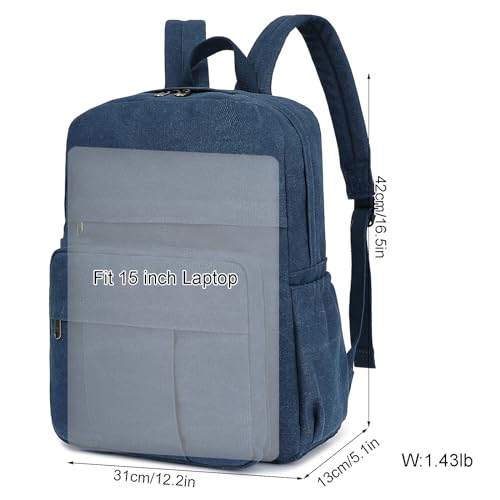 AUGUR Laptop Backpack Women,Canvas Bag, Durable Travel Vintage Backpack,Retro Casual Backpack,Girls Work Daypack Rucksack (Blue)3