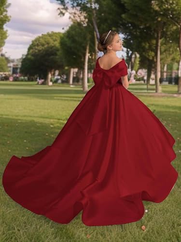 Satin Flower Girl Dress with Bow - Off Shoulder First Communion Dress Little Girl Pageant Dress Maroon Red, 43
