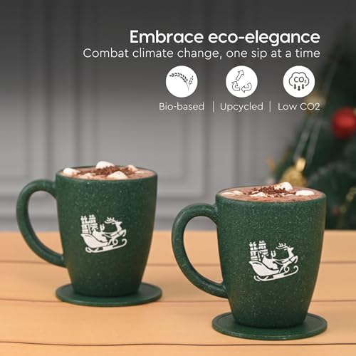 Image of Eha Earth-Friendly Christmas Gifts for Friends and Family | Secret Santa Gifts | Made with Rice Husk | Printed Christmas Mug and Coasters Set of 2, Keychain & Loopac Box | 300 ml | Fern