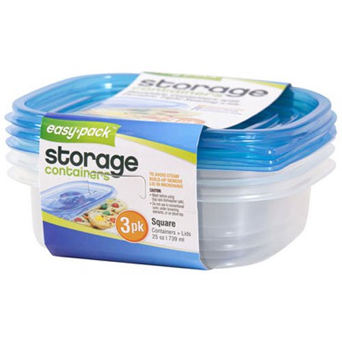 Easy Pack Square Reusable Container with Lids, 25-Ounce, 739ml, 3-Pack