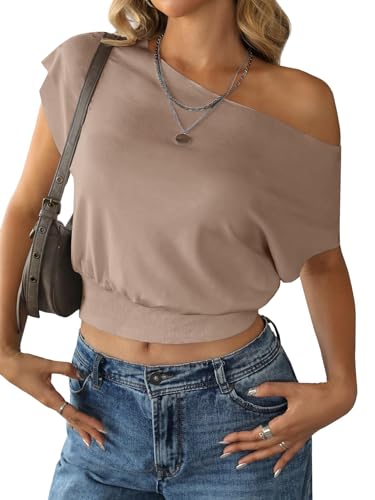 Image of SOFIA'S CHOICE Women's Off The Shoulder T Shirt Crop Top Casual Summer Dolman Sleeve Asymmetrical Cinched Waist Tops